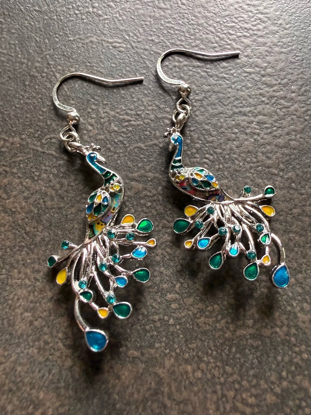 Multicolor Enamel Peacock Drop Earrings - Silver Tone
